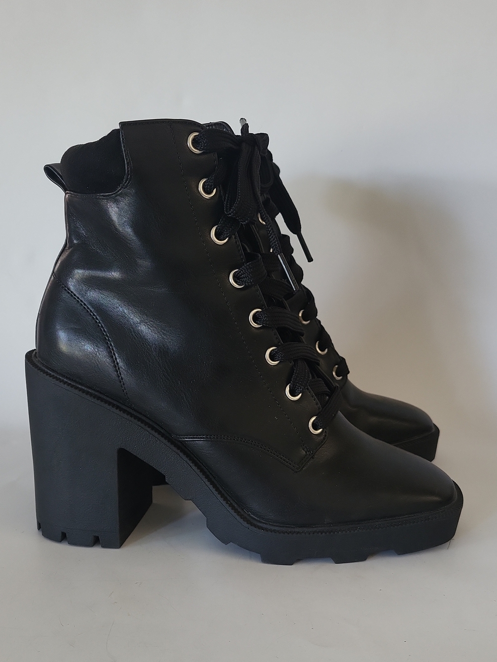 Black Lace Up Chunky Heel Lug Sole Platform Combat Boots